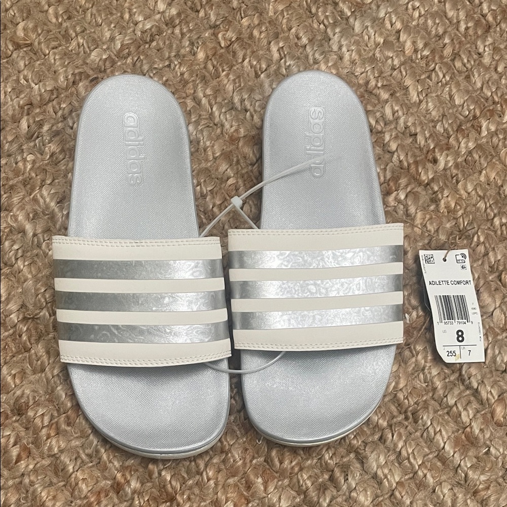 Adidas Metallic Silver and White Slides